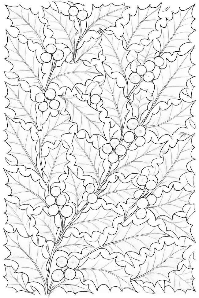 Coloring page featuring an intricate pattern of holly leaves and berries woven together in a decorative design
