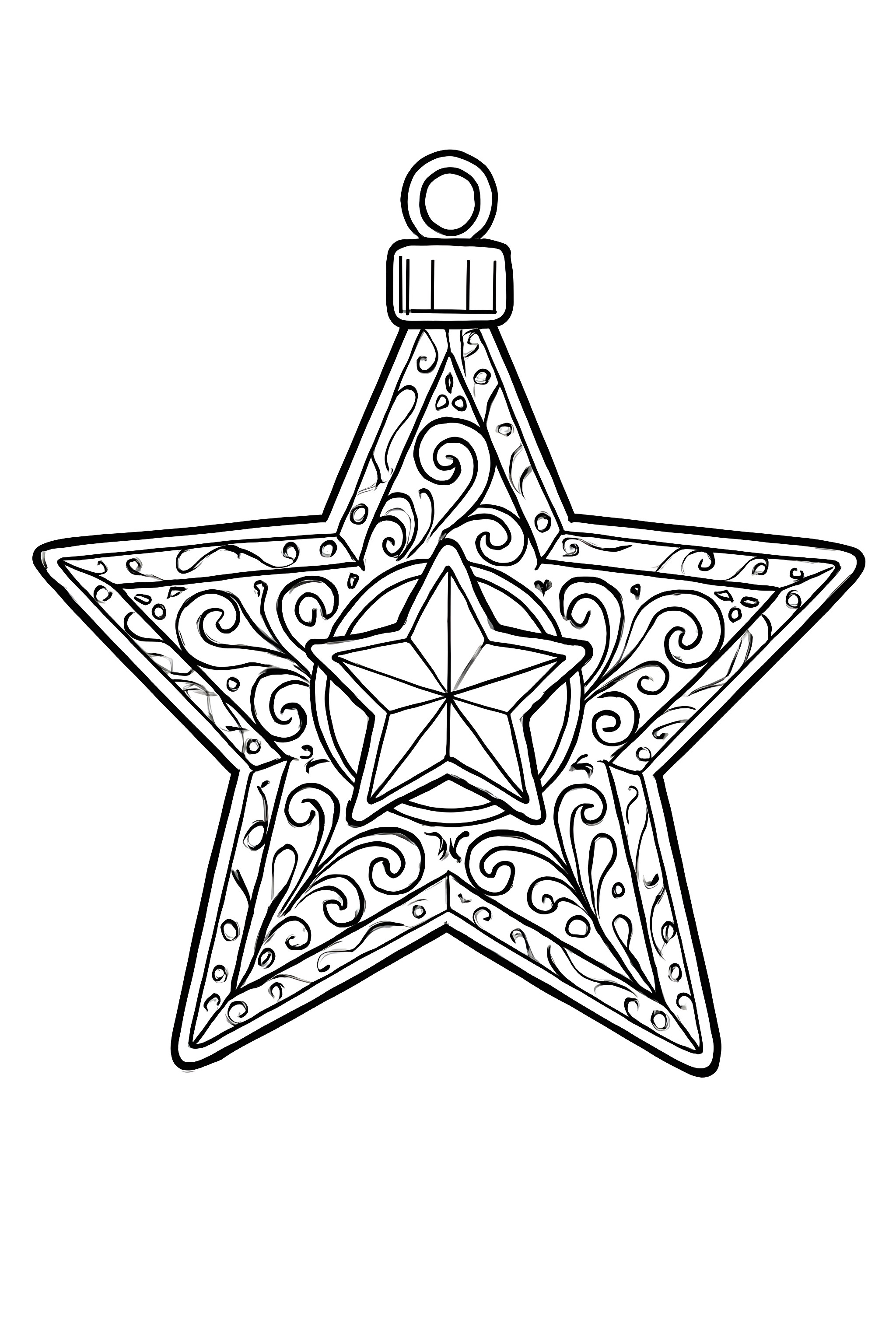 Coloring page of a shiny metallic star ornament featuring intricate designs and swirling patterns