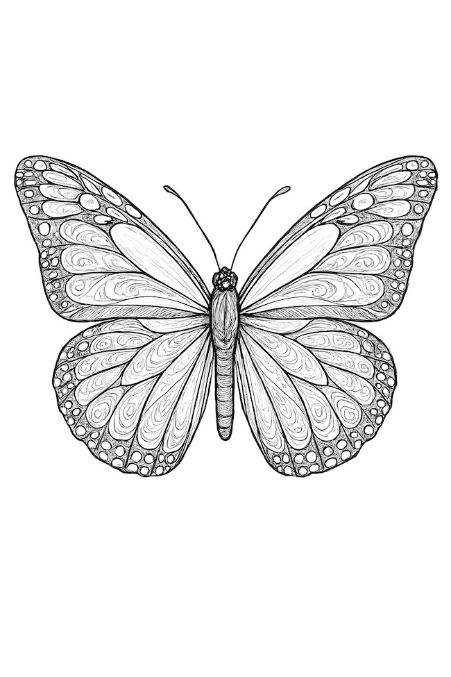 Coloring page featuring a detailed monarch butterfly with open wings showcasing unique patterns and textures