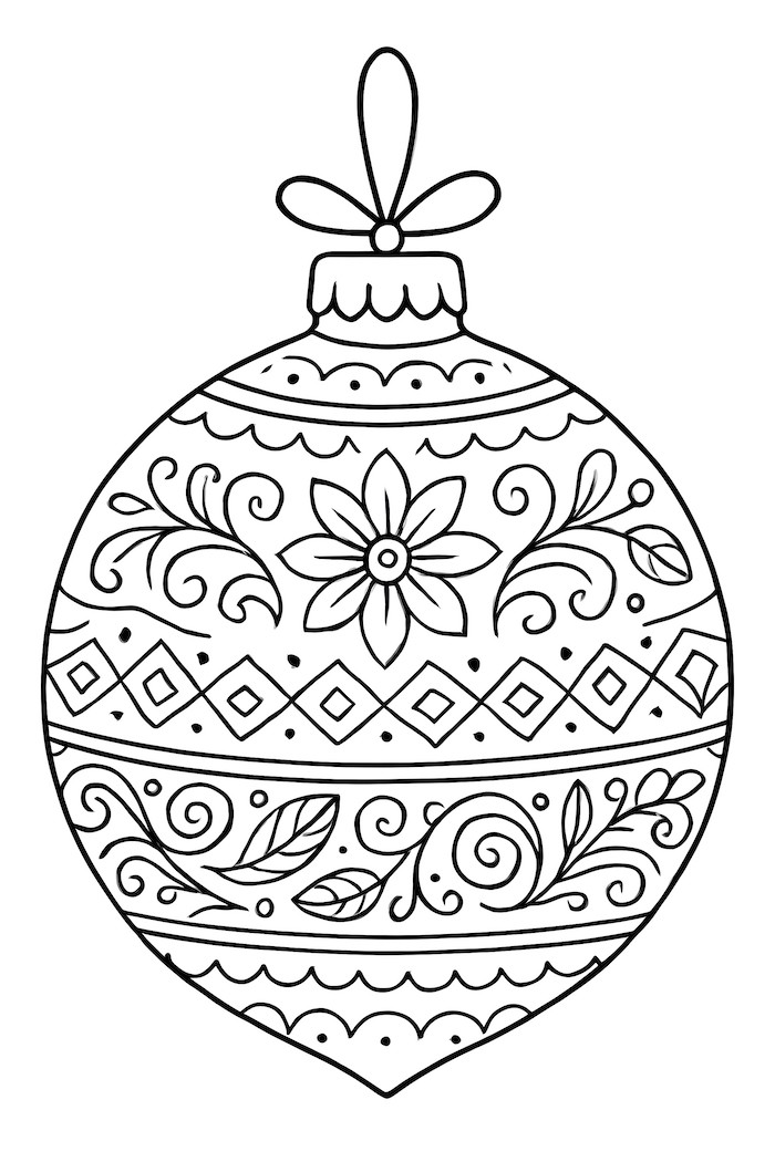 Coloring page of an ornament cookie with floral and geometric patterns