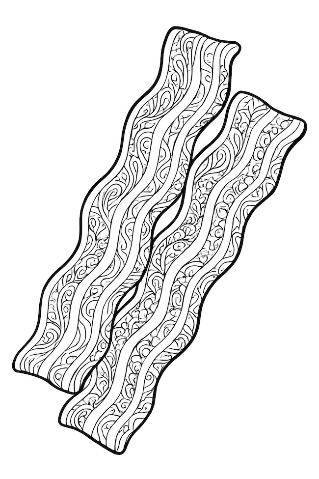 Coloring page of two overlapping bacon strips featuring intricate designs and details.