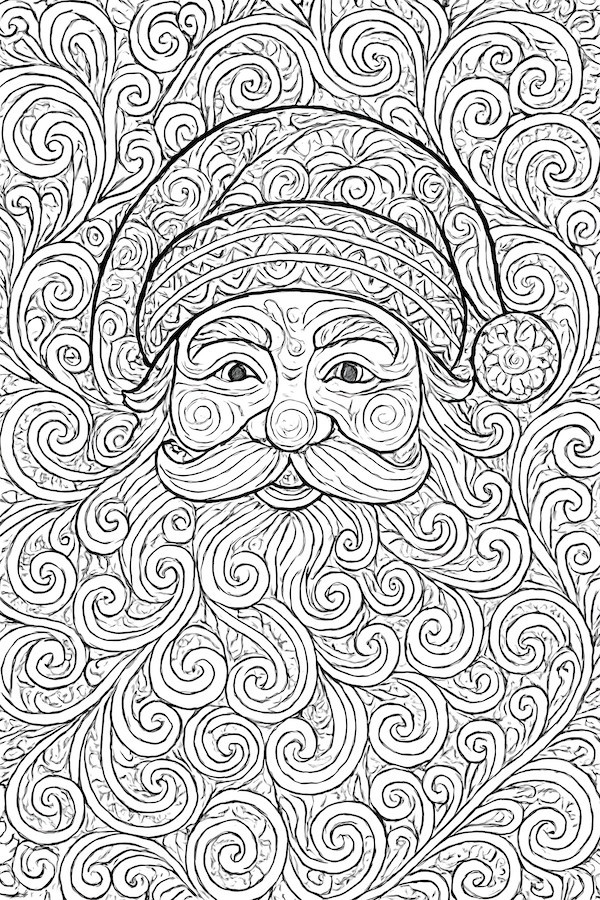 Coloring page of a detailed Santa face surrounded by swirling patterns and designs