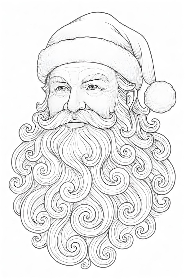 Coloring page of an intricate Santa with a detailed swirling beard wearing a hat with a pom-pom