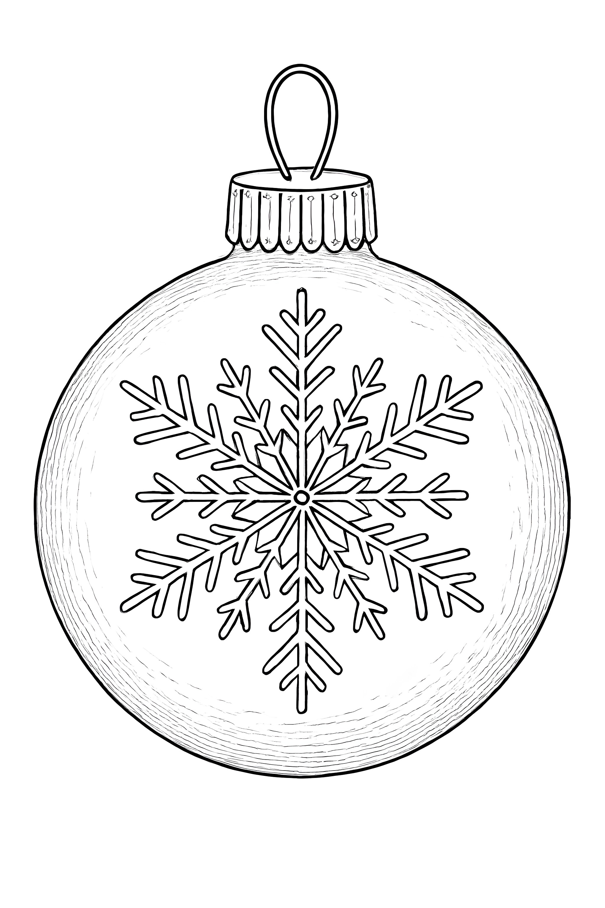 Coloring page of a detailed glass Christmas bauble featuring an elaborate snowflake design on its surface