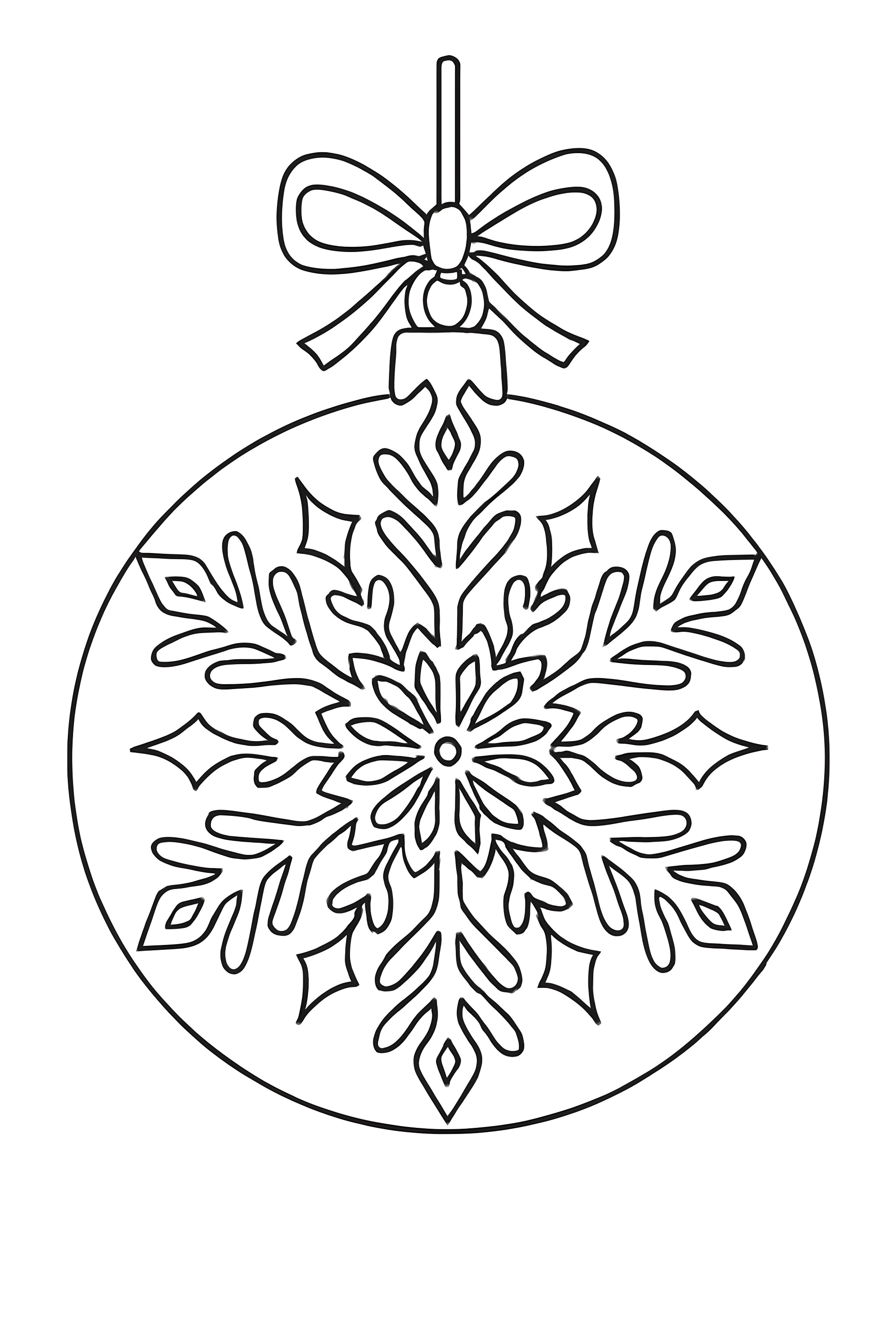 Coloring page of a detailed snowflake ornament with intricate cutouts and a bow at the top