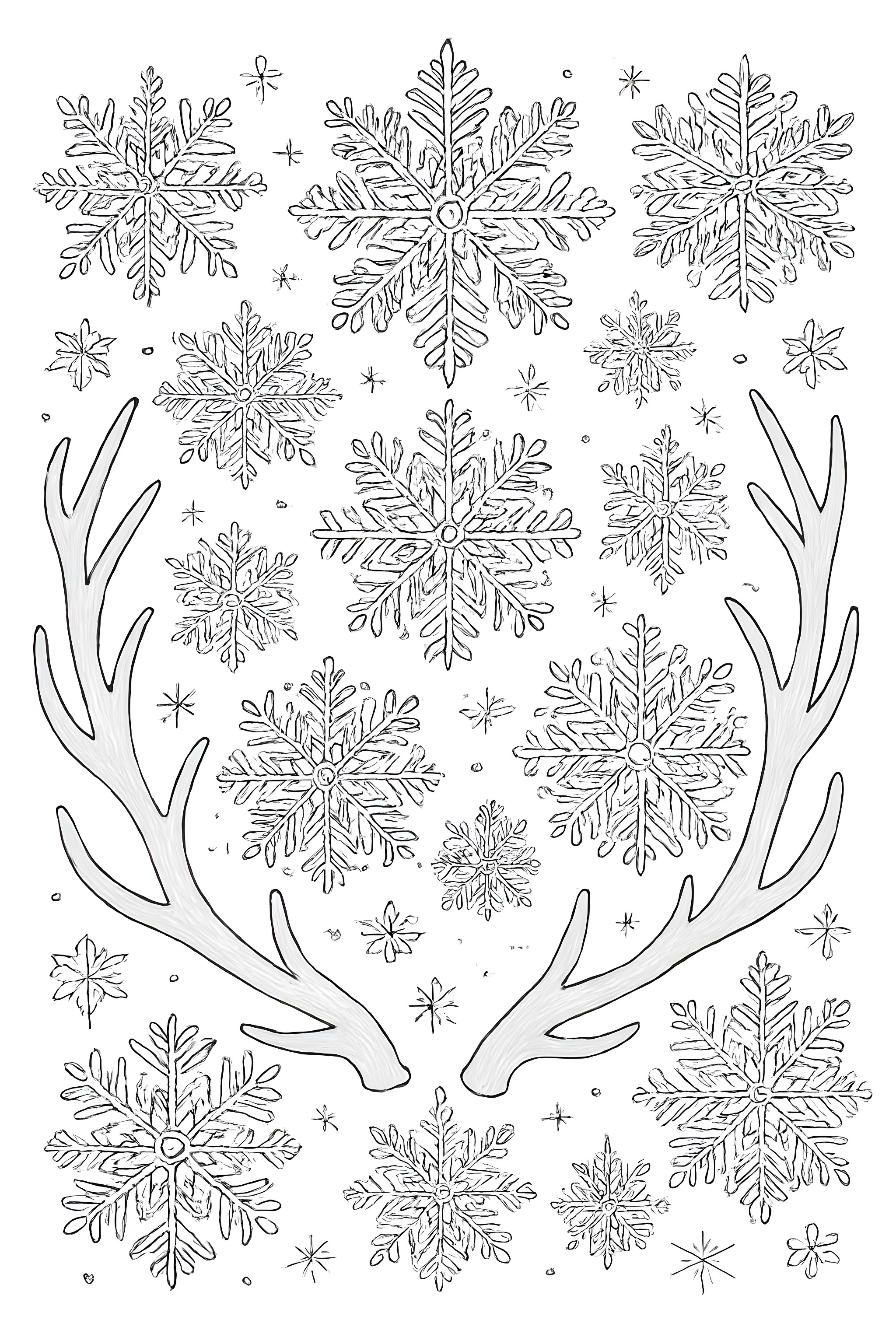 Coloring page featuring intricate designs of snowflakes and deer antlers surrounded by stars
