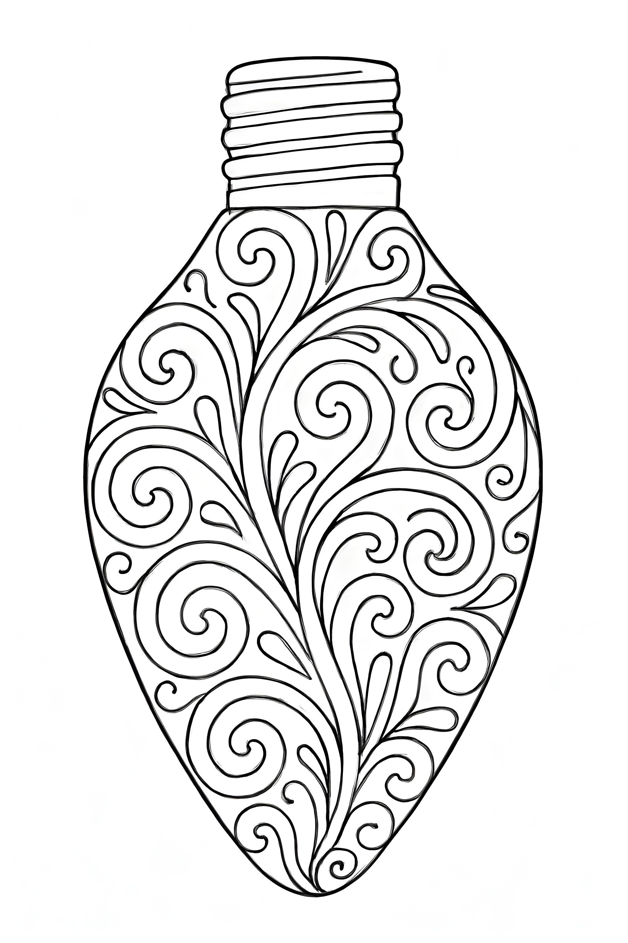 Coloring page of an intricate Christmas light bulb design featuring elaborate swirling patterns and details