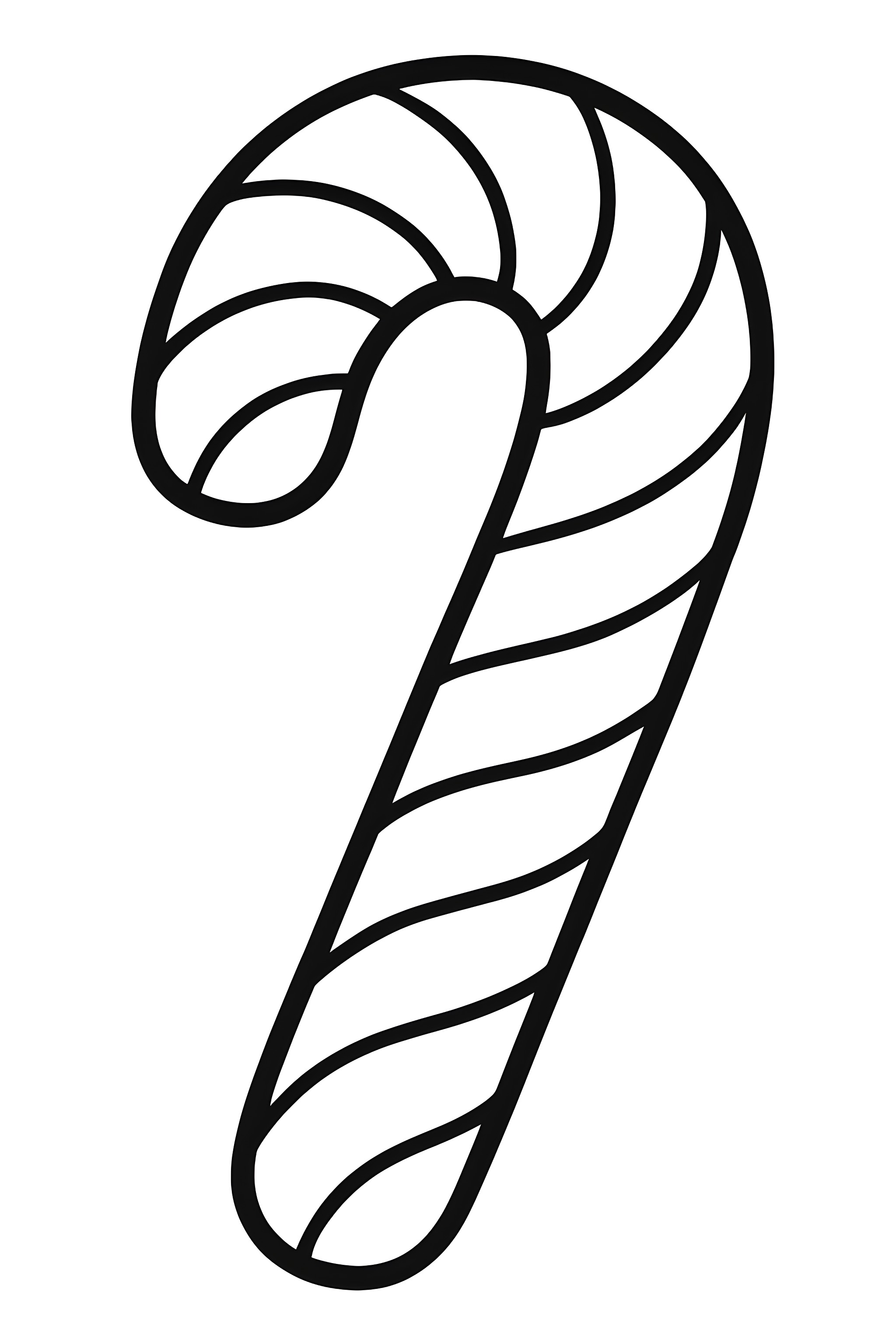 Coloring page of a detailed candy cane featuring swirling stripes in a vertical design