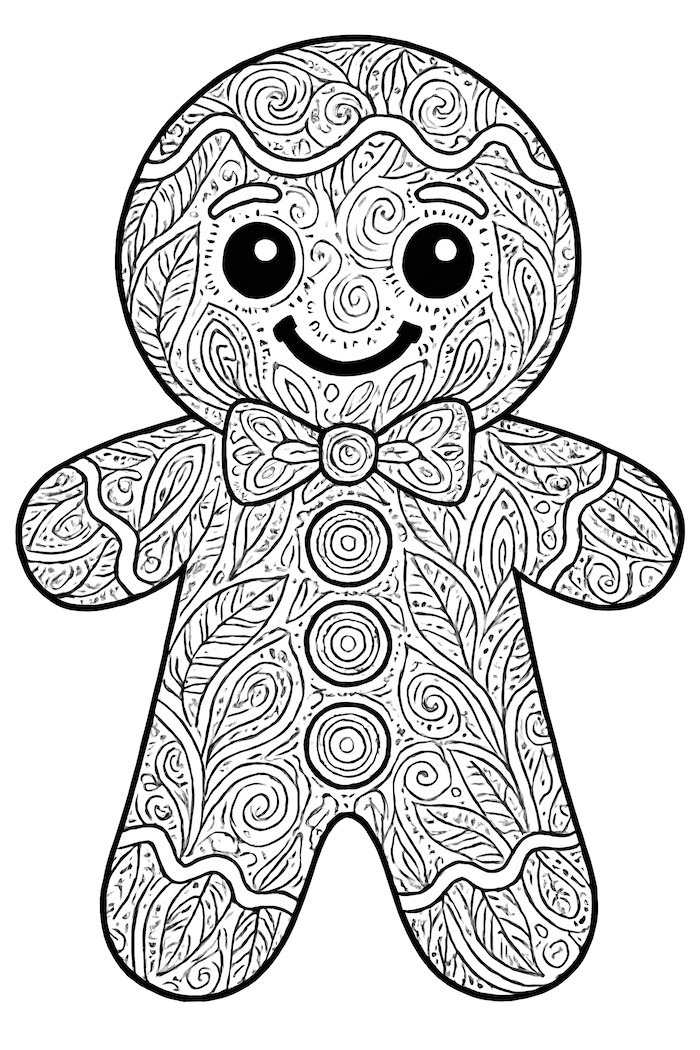 Coloring page of a detailed gingerbread man featuring swirling patterns and a bow tie