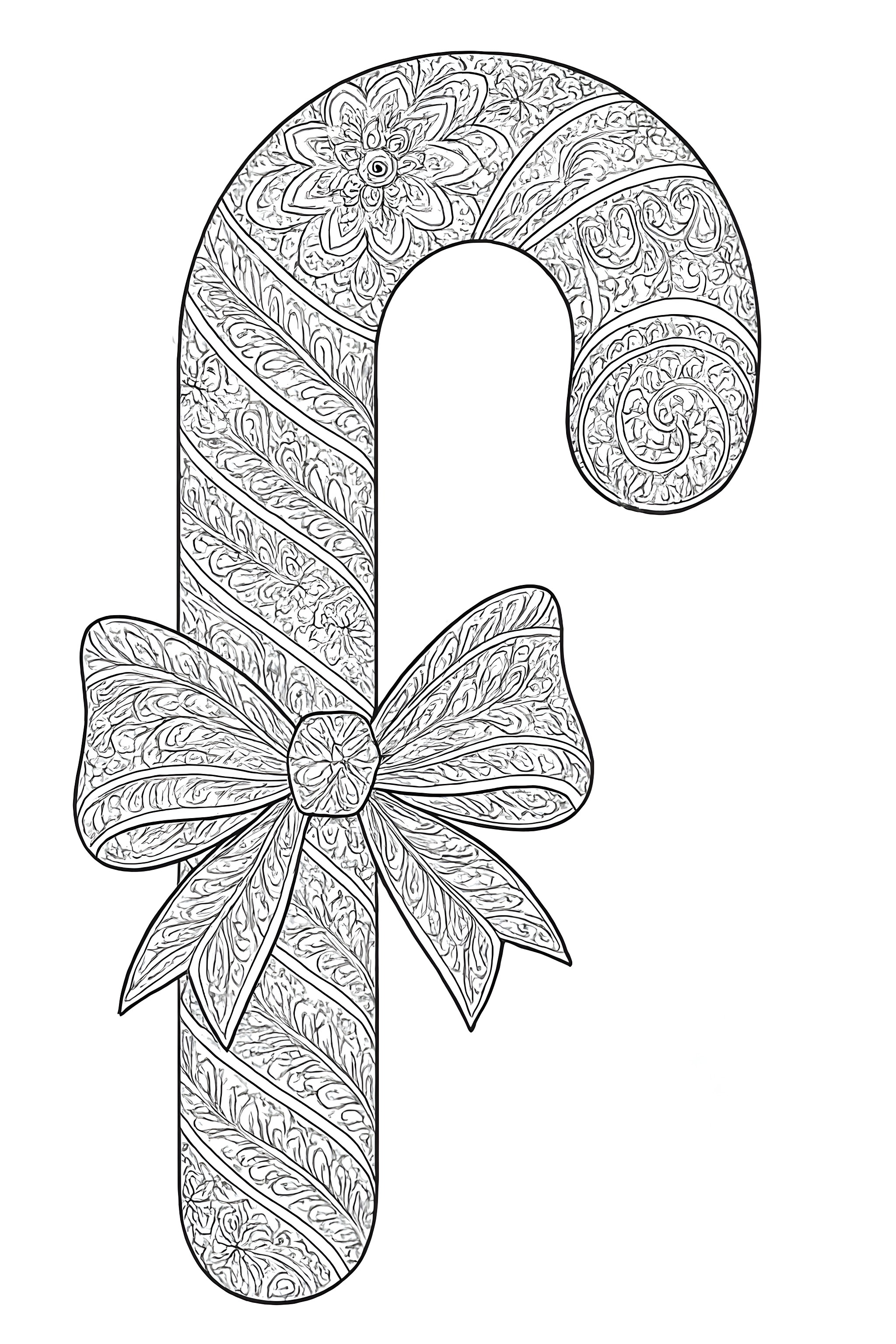 Coloring page featuring a candy cane adorned with lace-like patterns and a decorative bow at the base