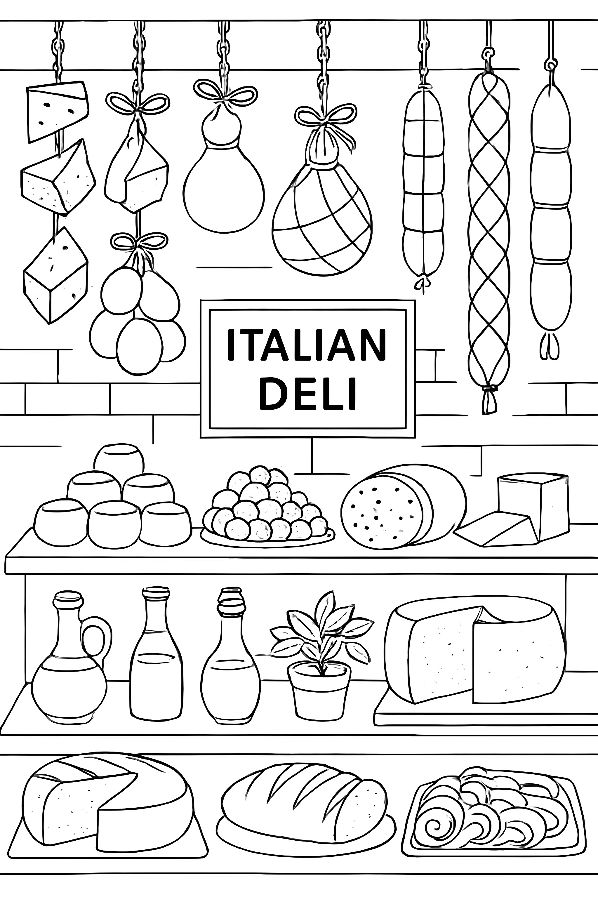 An Italian deli featuring a variety of cheeses and cured meats hanging from hooks, with bottles and loaves of bread on display underneath a sign labeled 'Italian Deli'.