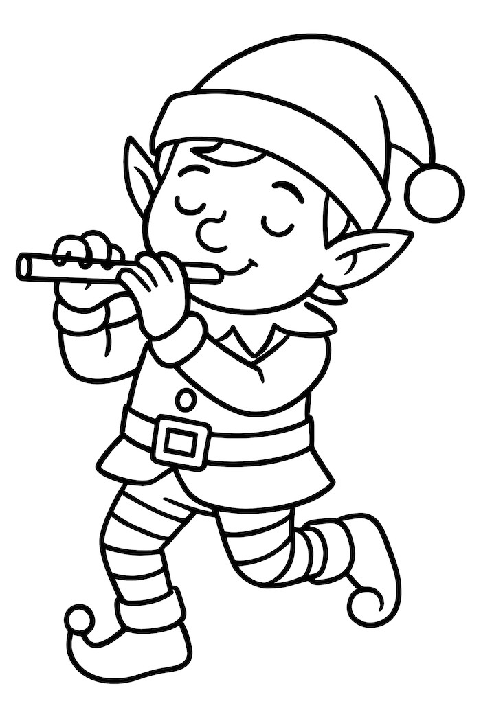 Coloring page of a jolly elf playing a flute while wearing a hat and striped pants
