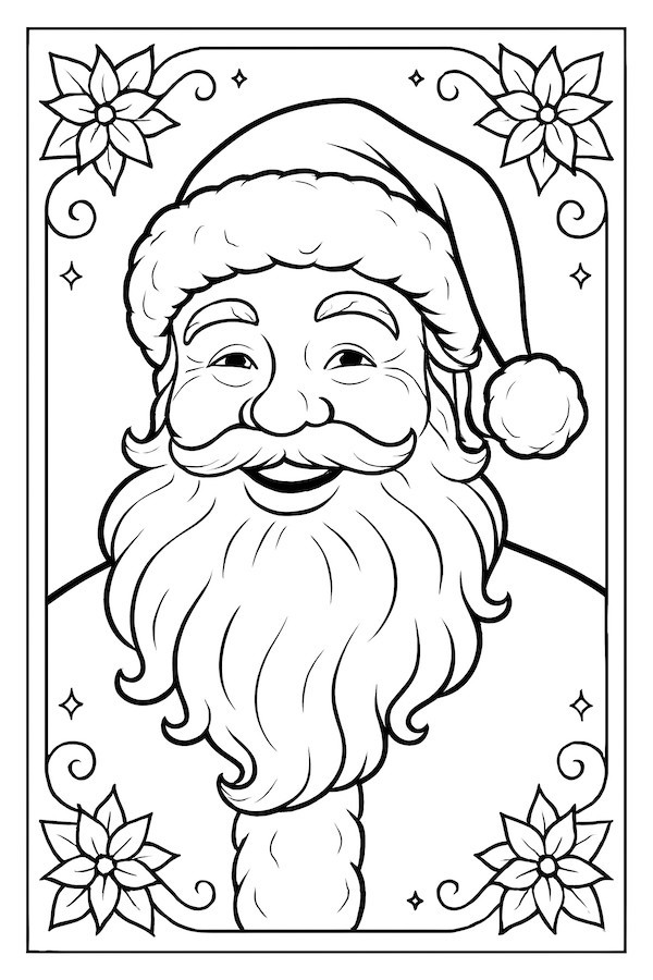 Santa Claus with a jolly smile and fluffy white beard, surrounded by decorative flowers