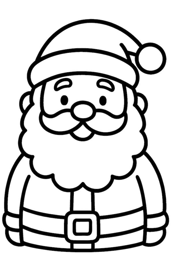 Coloring page of a jolly Santa Claus with a fluffy beard, wearing a classic hat and a cheerful expression