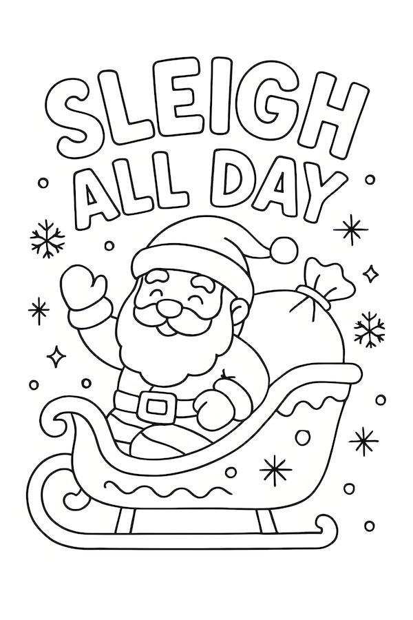 Coloring page of a cheerful Santa Claus waving from a decorated sleigh filled with a sack of gifts and surrounded by snowflakes