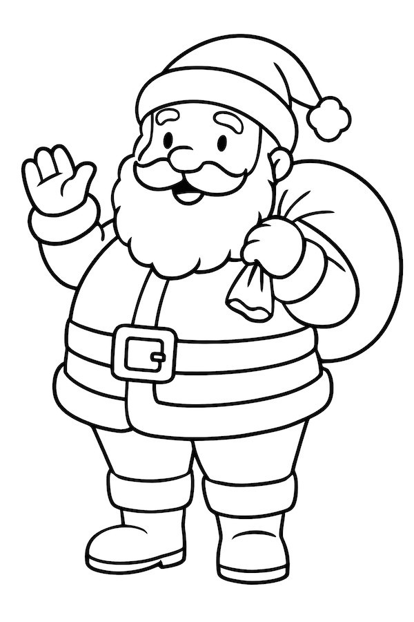 Santa Claus waving with a big round belly, holding a bag over his shoulder