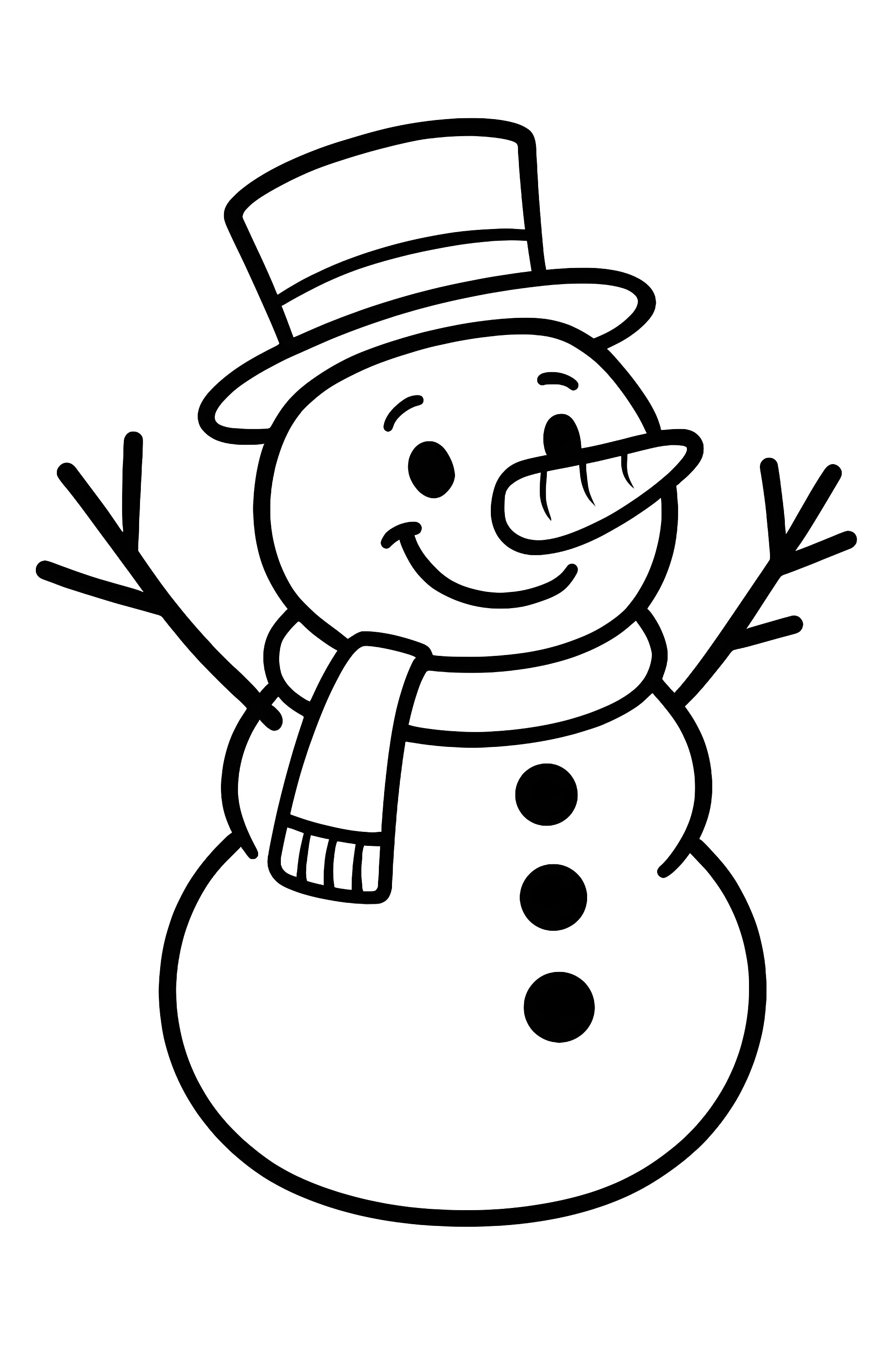 Coloring page of a cheerful snowman featuring stick arms, a top hat, a carrot nose, and a scarf, with three buttons on its body