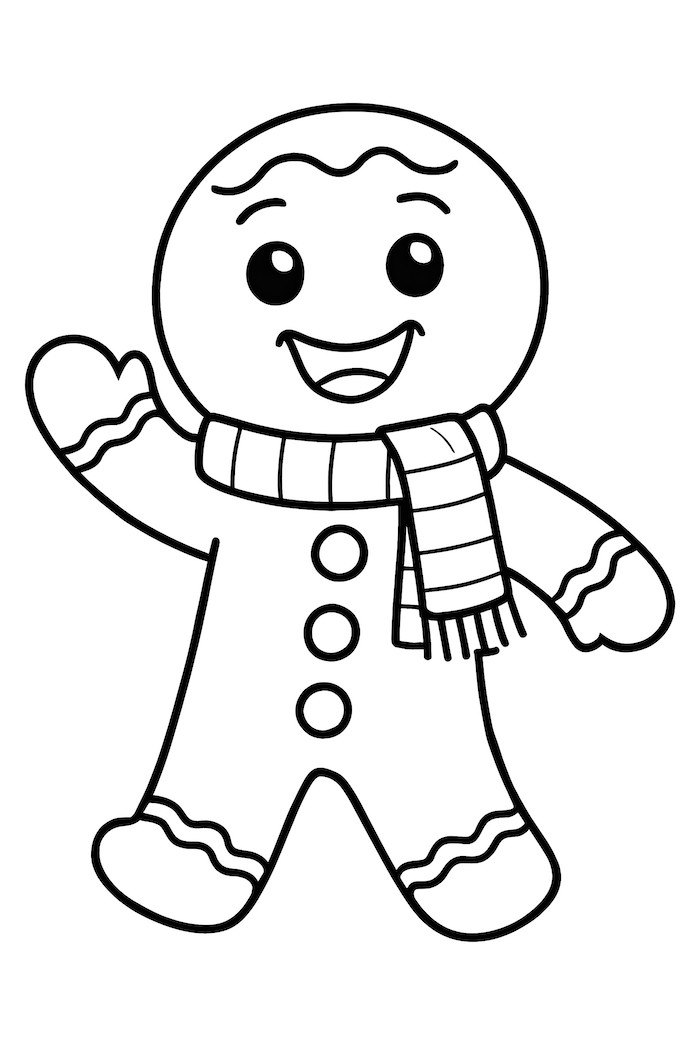 Coloring page of a joyful gingerbread man wearing a scarf and waving with buttons on his body