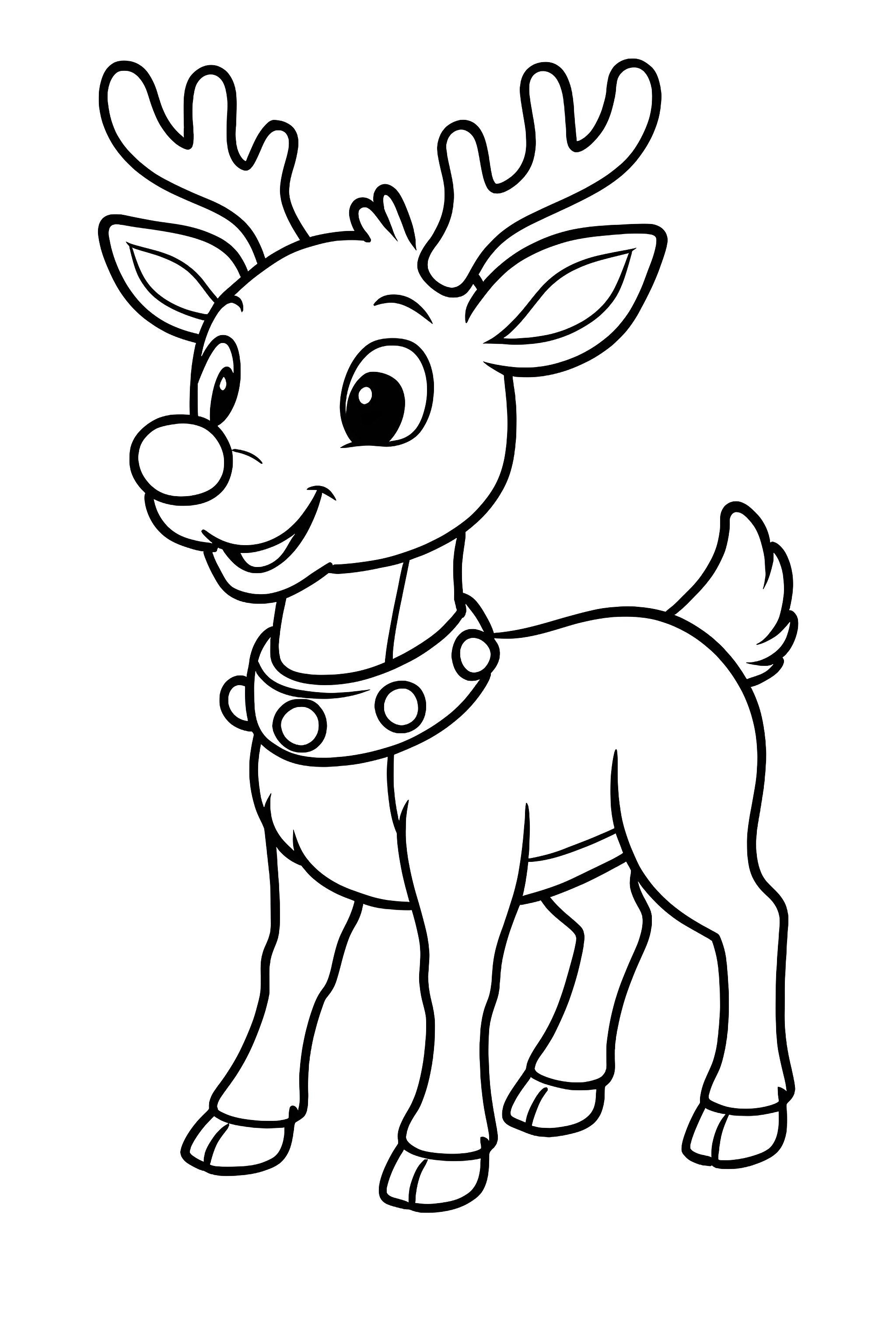 Coloring page featuring a cheerful deer with antlers and a bell collar, designed in a cartoon style