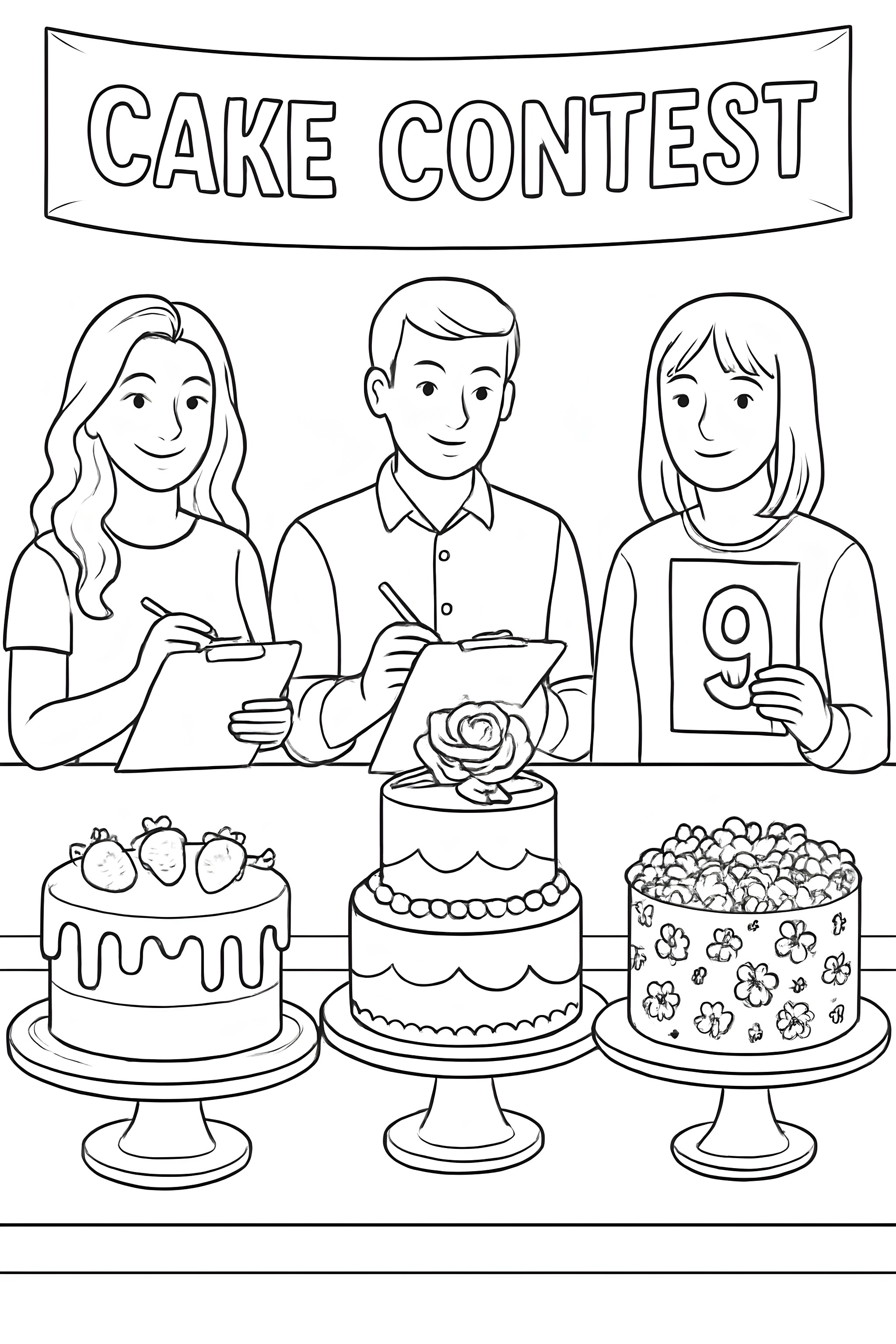 Coloring page featuring judges evaluating cakes in a contest with a banner overhead and pastries on display