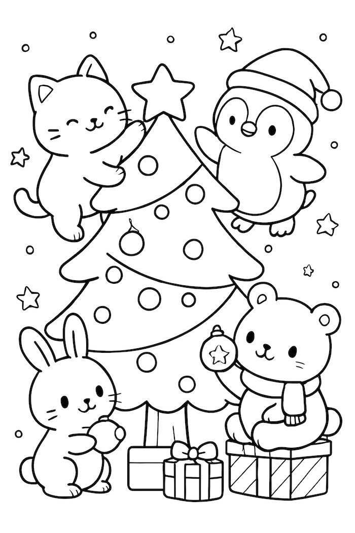 Coloring page of kawaii animals, including a cat, penguin, bear, and rabbit, decorating a Christmas tree together with ornaments and gifts.