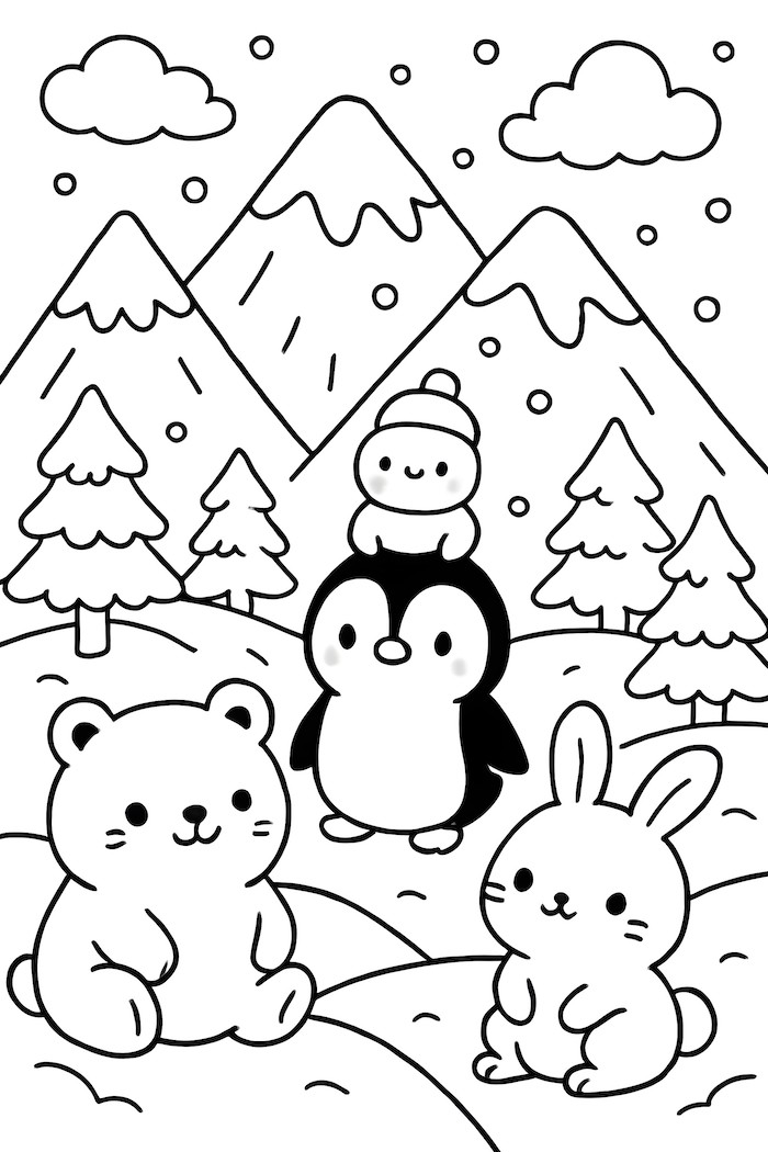 Coloring page of kawaii styled animals including a bear, a penguin, and a rabbit, set against snowy mountains and trees