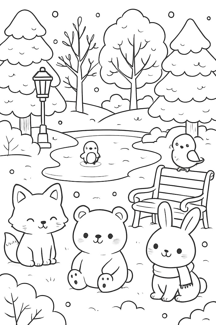 Coloring page featuring kawaii styled animals including a fox, bear, bunny, and bird in a winter park setting