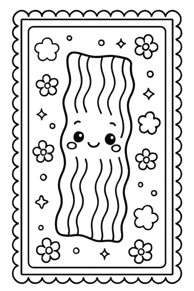 Coloring page of a kawaii bacon strip with a smiling face and flowers around it