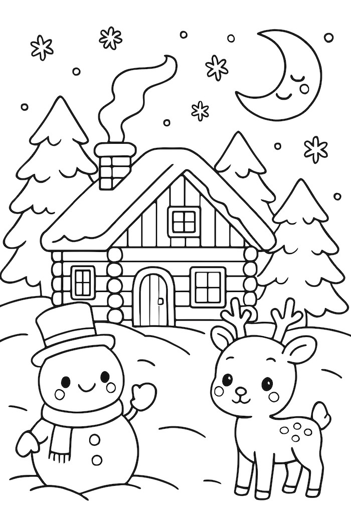 Coloring page of a cozy cabin in the woods featuring a kawaii styled snowman and a cute reindeer under a crescent moon and stars