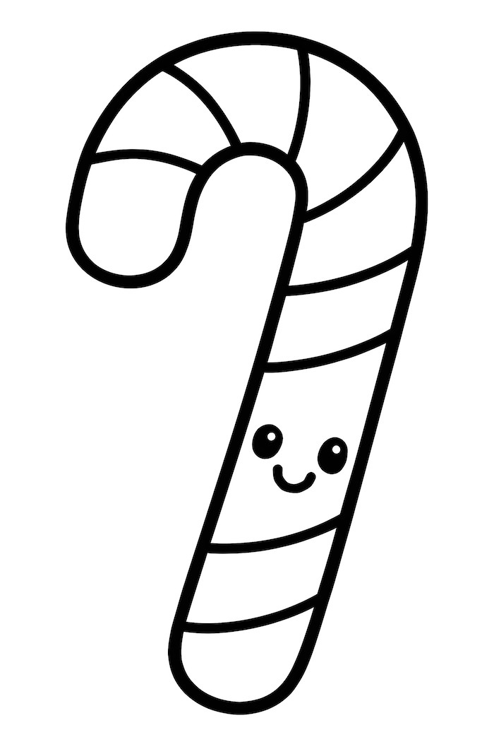 A kawaii candy cane featuring a smiling face and a curved shape with striped pattern