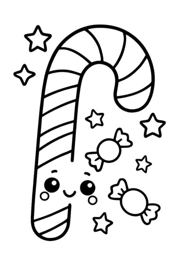Coloring page of a kawaii candy cane featuring a smiling face, surrounded by stars and small candies
