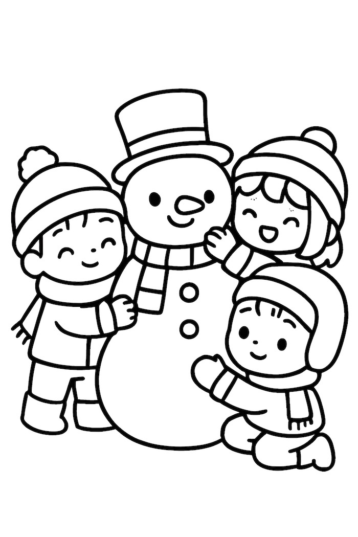 Coloring page featuring kawaii children joyfully assembling a snowman with a top hat, scarf, and buttons