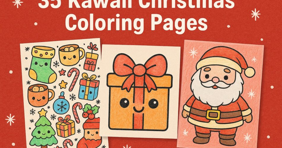 Blog graphic titled ‘35 Kawaii Christmas Coloring Pages,’ featuring three colored-in kawaii-style holiday illustrations: a sheet of cute Christmas icons like stockings, mugs, gifts, and trees; a smiling present with a big bow; and a kawaii Santa. Red background with simple winter motifs.
