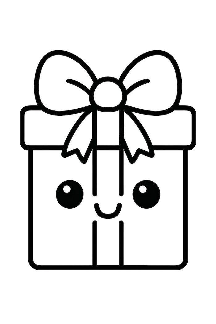 Coloring page of a kawaii Christmas gift box with a bow, featuring a smiling face and large round eyes