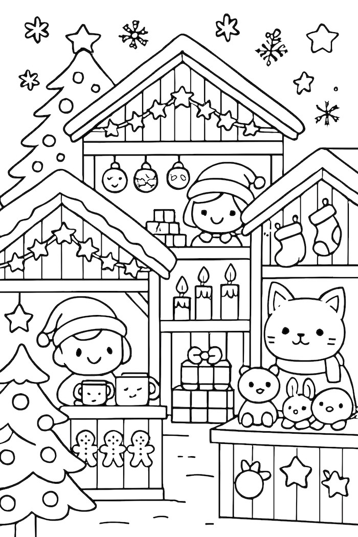 Coloring page of a kawaii Christmas market featuring festive stalls with decorated trees and cheerful characters