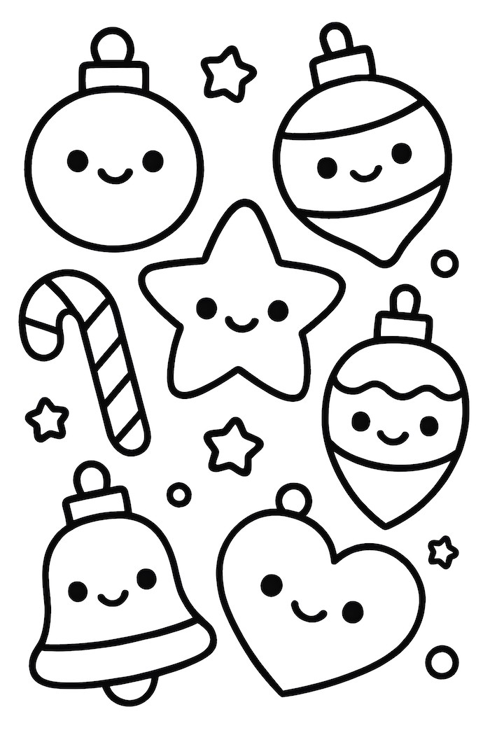 Coloring page featuring kawaii Christmas ornaments including a bell, star, heart, and candy cane with smiling faces