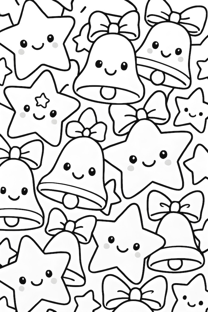 Kawaii Christmas stars and bells with smiling faces and bows