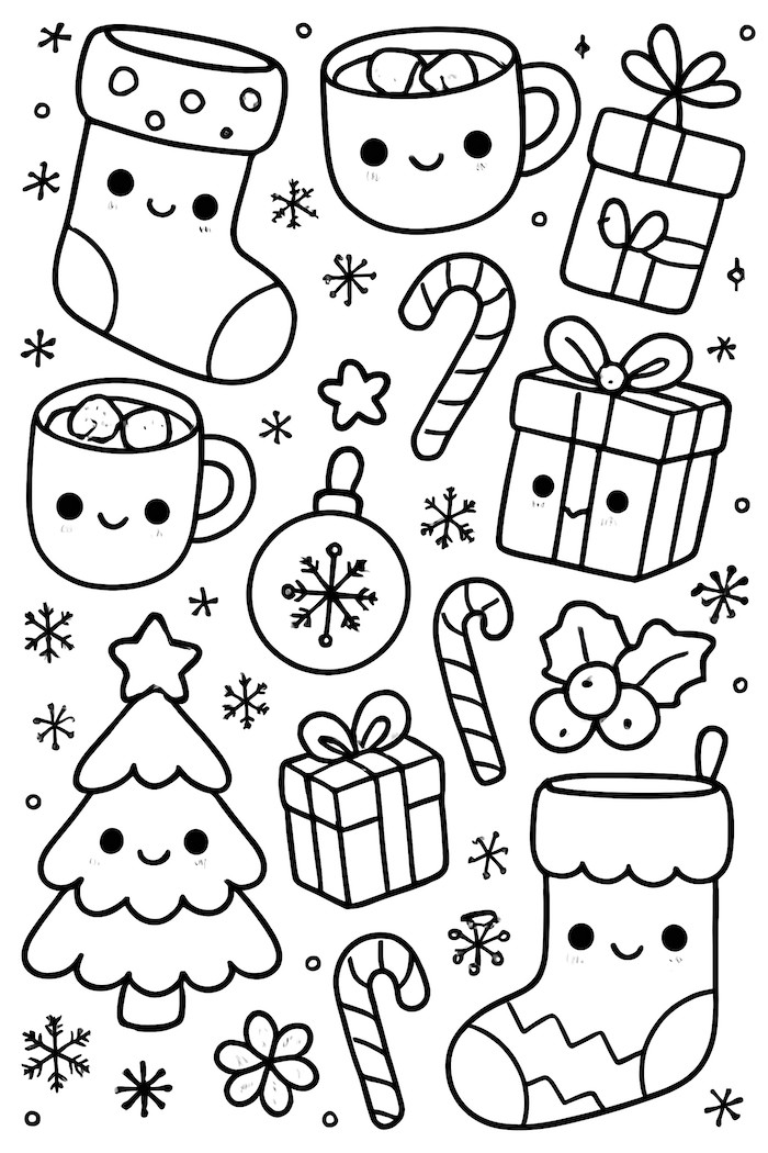 Coloring page featuring kawaii-style Christmas stockings, mugs, candy canes, gifts, and snowflakes
