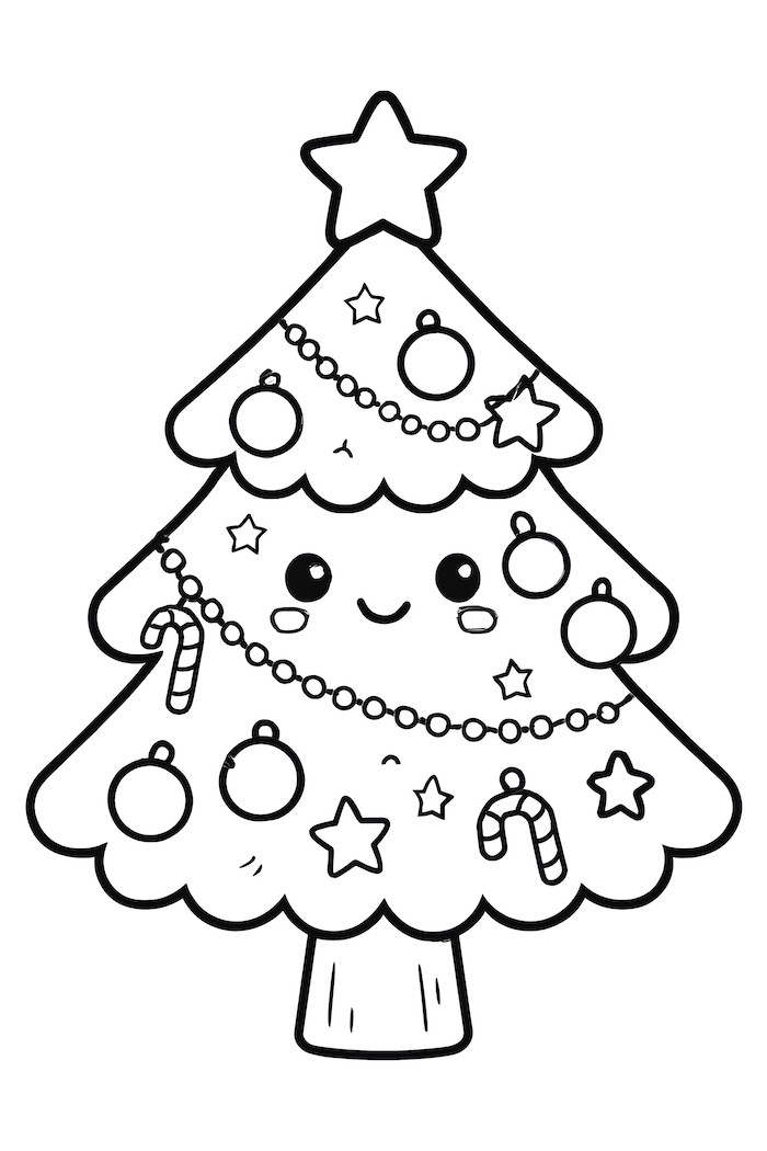 Coloring page of a kawaii Christmas tree with a smiling face, decorated with ornaments, candy canes, and a star on top