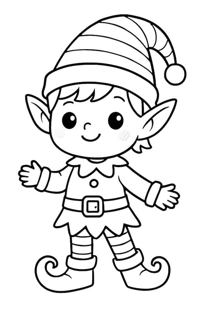 Coloring page of a kawaii elf wearing a striped hat and pointy shoes, with an inviting pose