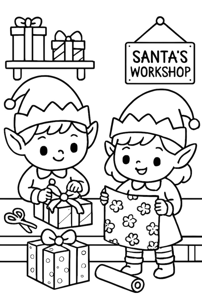 Coloring page of two kawaii elves wrapping gifts at Santa's workshop with a sign, scissors, and colorful presents