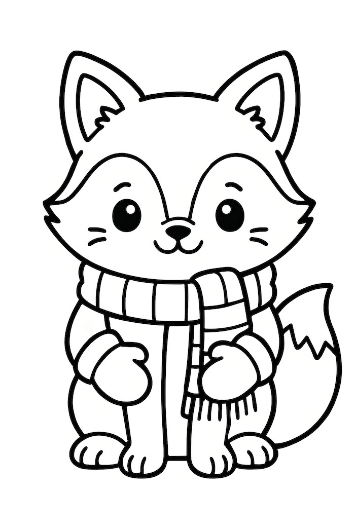 Coloring page of a kawaii-style fox wearing a scarf and mittens, sitting down with a cheerful expression