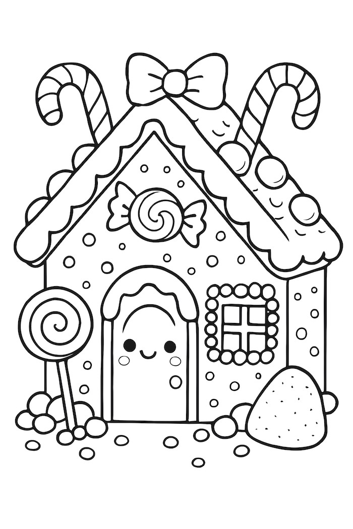 Gingerbread house featuring a cute design with candy canes, candies, and a smiling face on the door