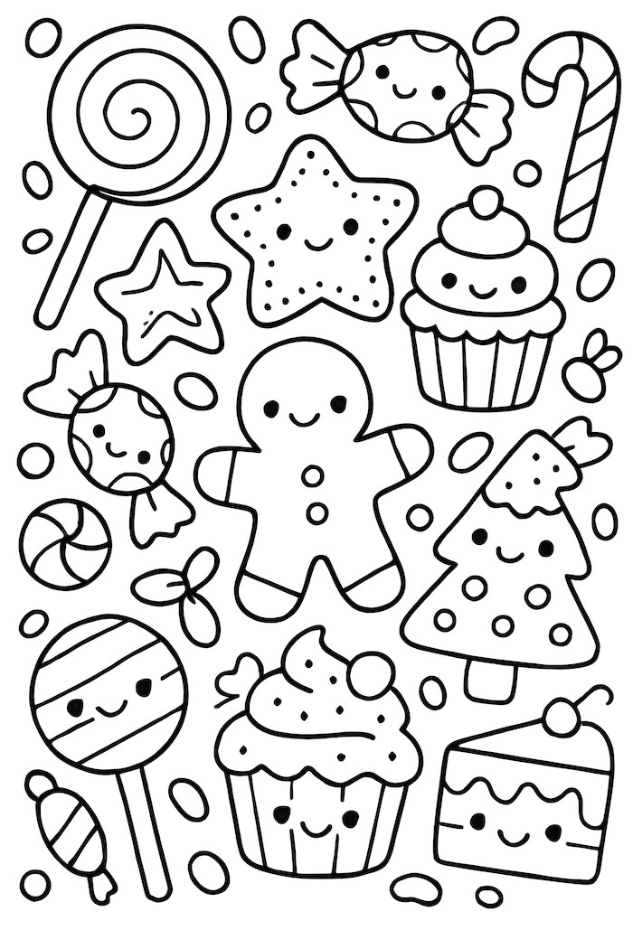 Coloring page featuring kawaii-style holiday sweets including cupcakes, candies, a gingerbread man, and a Christmas tree with cheerful faces