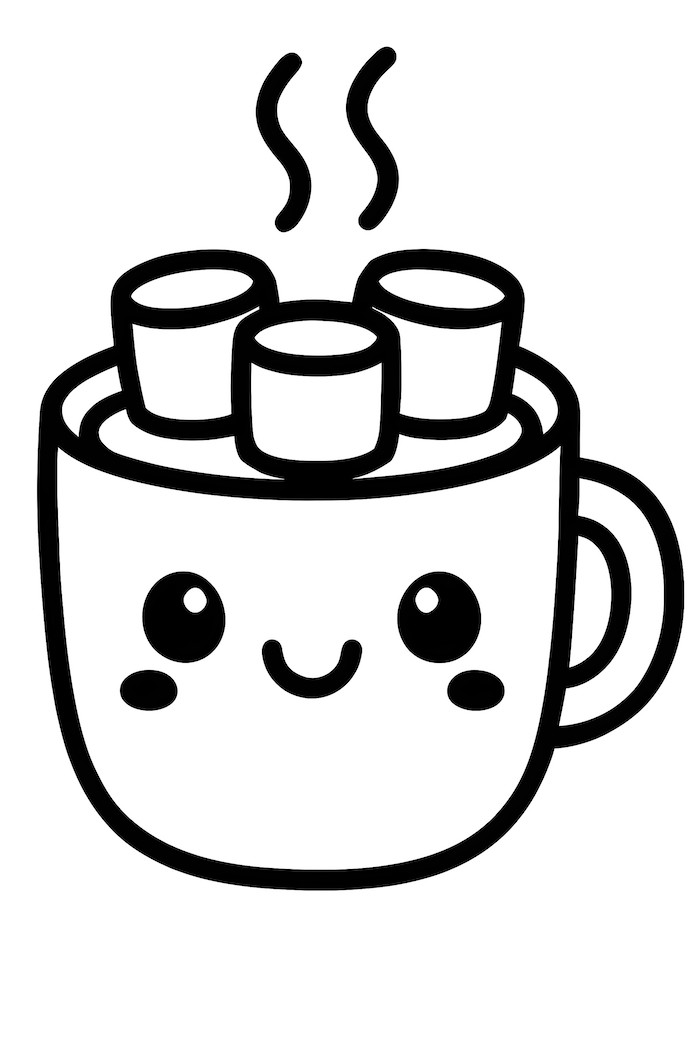 Coloring page of a kawaii hot cocoa mug featuring three fluffy marshmallows and steam rising above