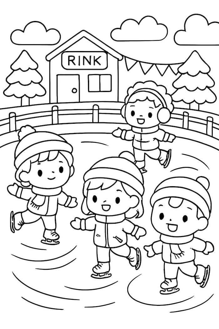 A kawaii ice skating rink with children skating and a rink building in the background