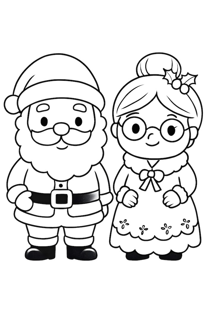 Coloring page of kawaii Mr. and Mrs. Claus standing side by side, featuring Mr. Claus with a beard and hat, and Mrs. Claus in a dress with glasses.