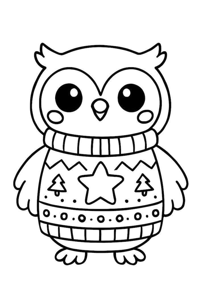 Coloring page of a kawaii owl wearing a Christmas sweater decorated with trees and a star