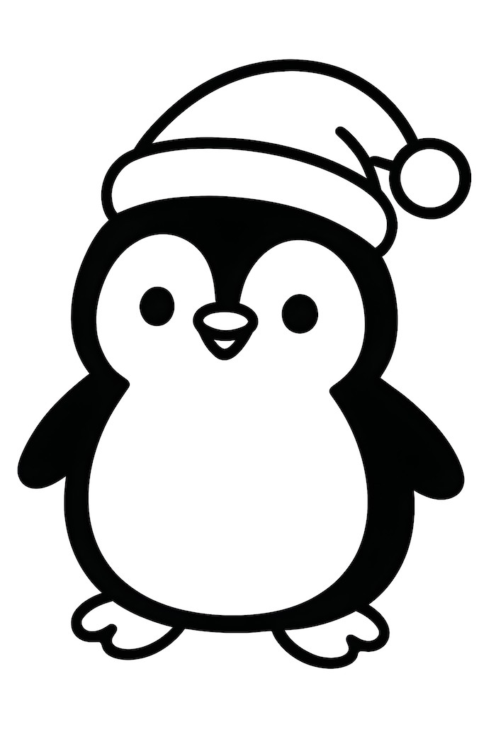Coloring page of a kawaii penguin wearing a red Santa hat with a pom-pom on top
