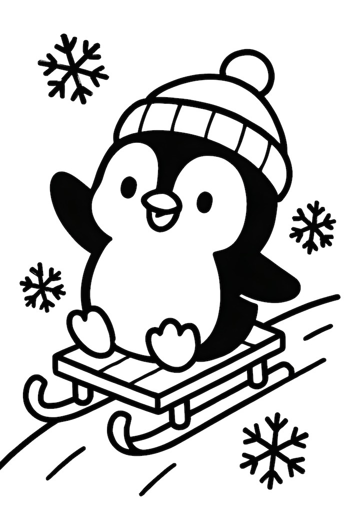 Coloring page of a cute penguin sledding down a snowy hill with snowflakes in the background